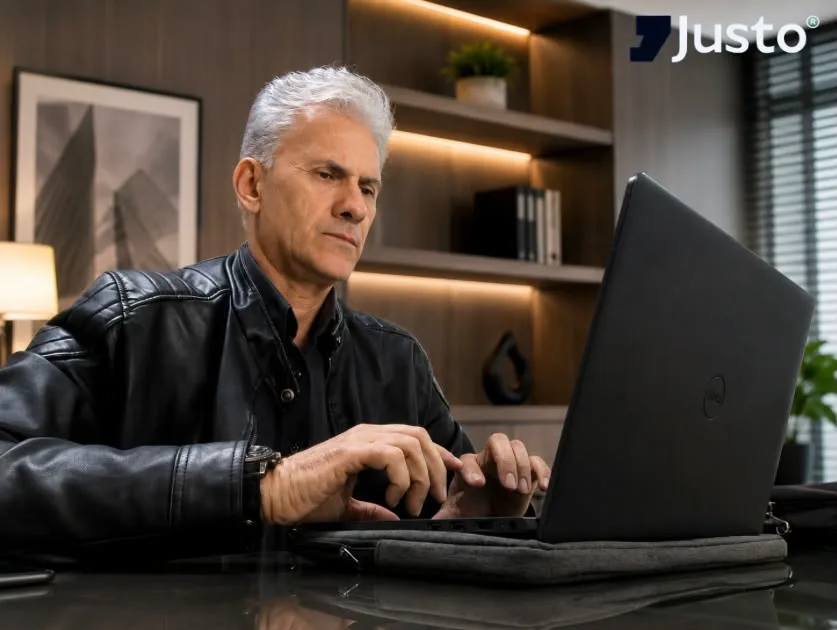 Consultor Justo trabalhando no laptop